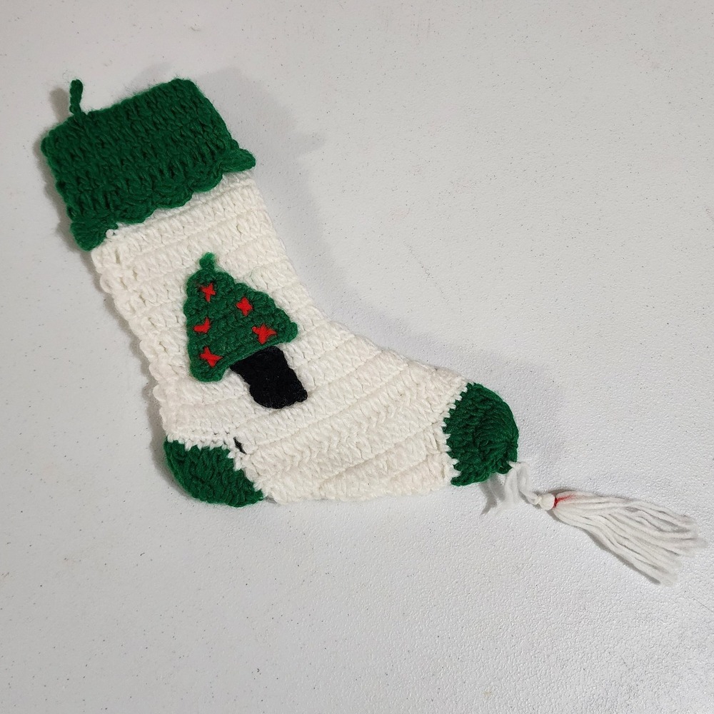 Vintage Handmade Crochet Christmas Stocking White Green Tree Tassel 12 Inch